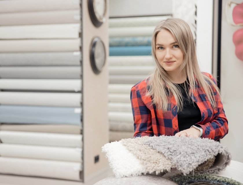 Customer browsing carpet samples. 